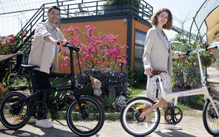 ADO Air Carbon folding e-bike on a UK city street, ideal for fast and effortless commuting.