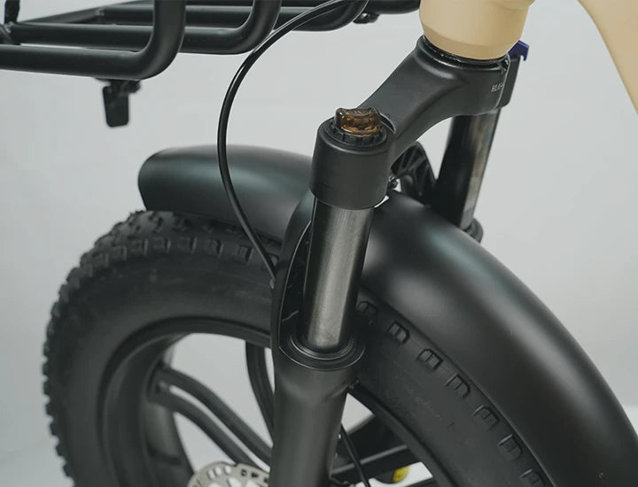 Front fork shock-absorber and 20''*4.0 fat tire absorb 90% of the bumps on the ground