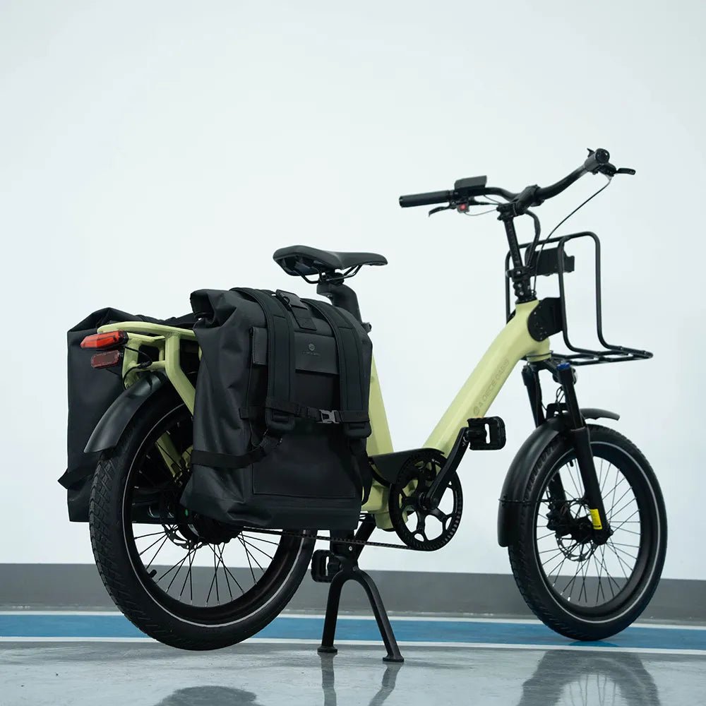 ADO 30L rear rack backpack mounted on a folding e-bike