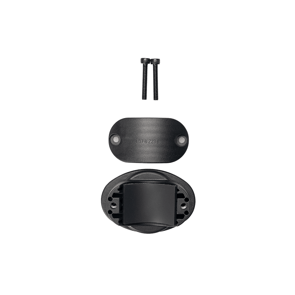 Black mounting hardware for ADO AQS Magnetic Quick Attach, including an oval base plate, central mounting bracket, and two screws.