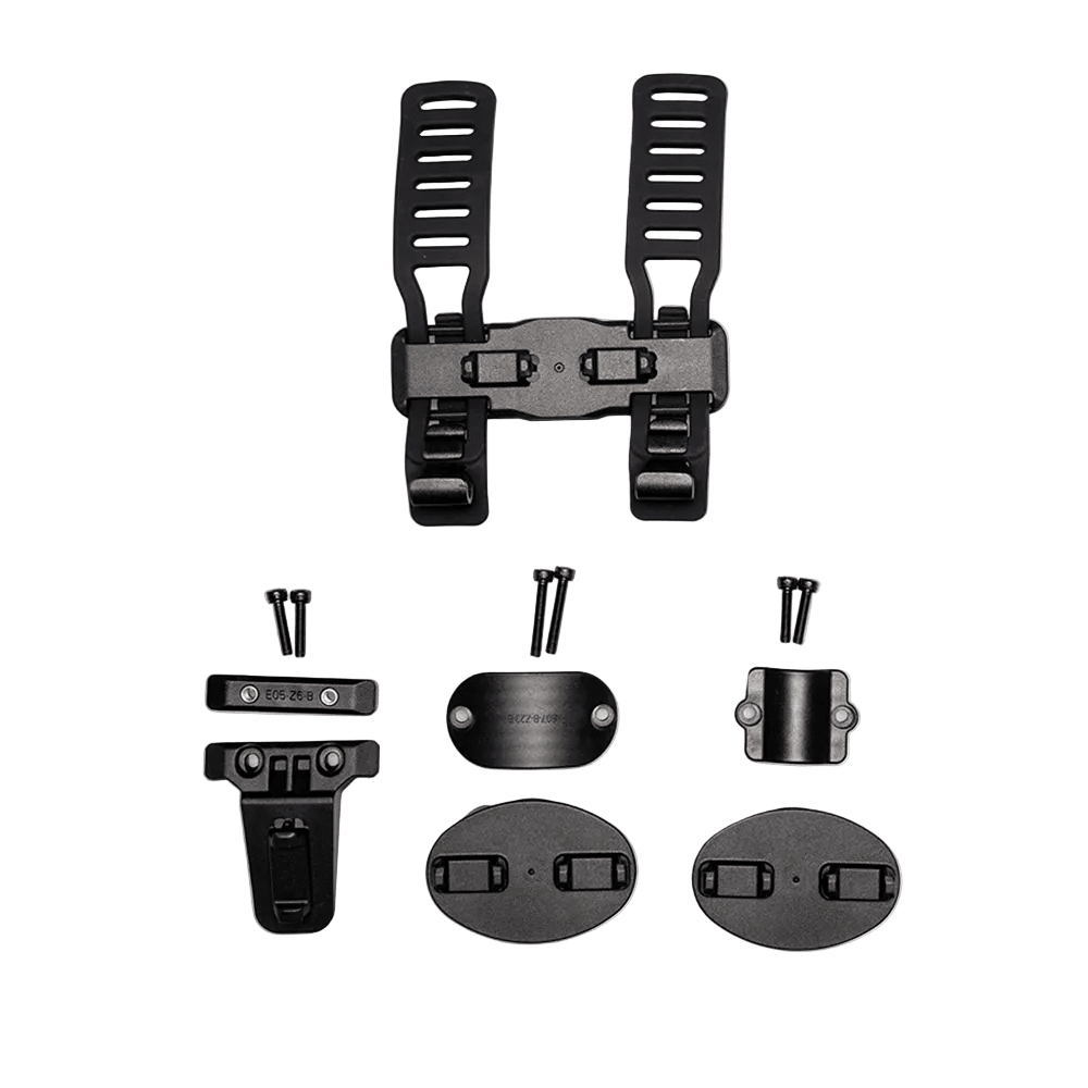 Complete accessory kit for the ADO AQS Magnetic Quick Attach system, featuring adjustable straps, multiple base plates, T-bracket, and all necessary mounting screws.