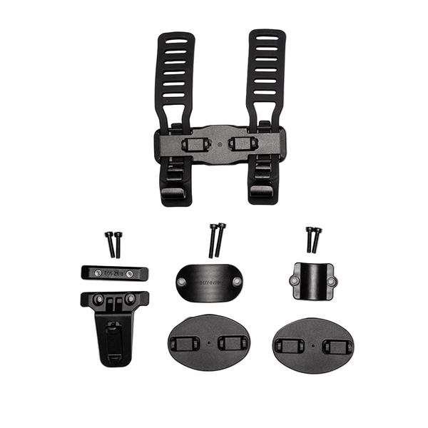 Complete accessory kit for the ADO AQS Magnetic Quick Attach system, featuring adjustable straps, multiple base plates, T-bracket, and all necessary mounting screws.