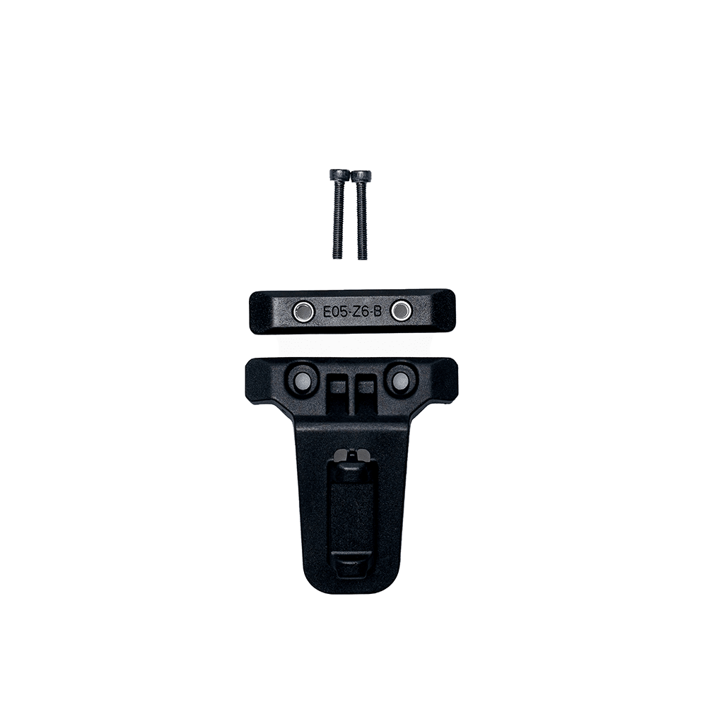 ADO AQS Magnetic Quick Attach T-bracket with a locking clip mechanism, straight connector plate (E05-Z6-B), and mounting screws.