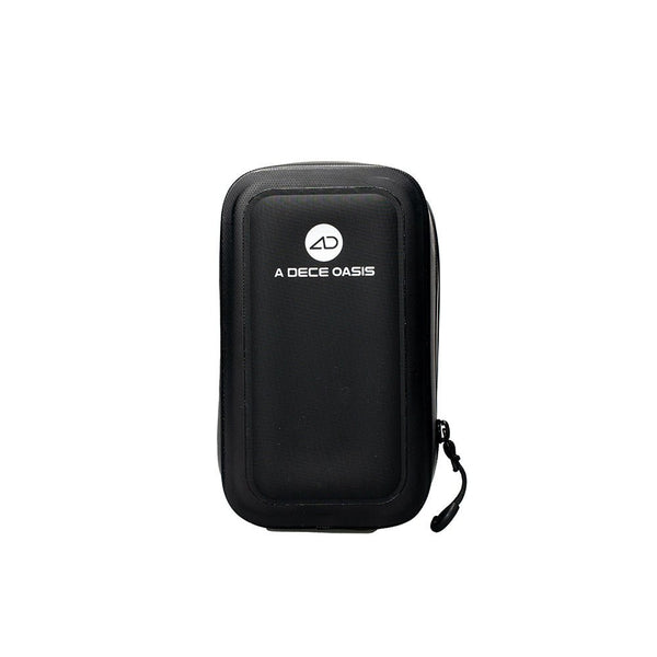 Front view of the ADO CB11 bike seat bag featuring a sleek black design, durable polyester twill exterior, and the A DECE OASIS logo.