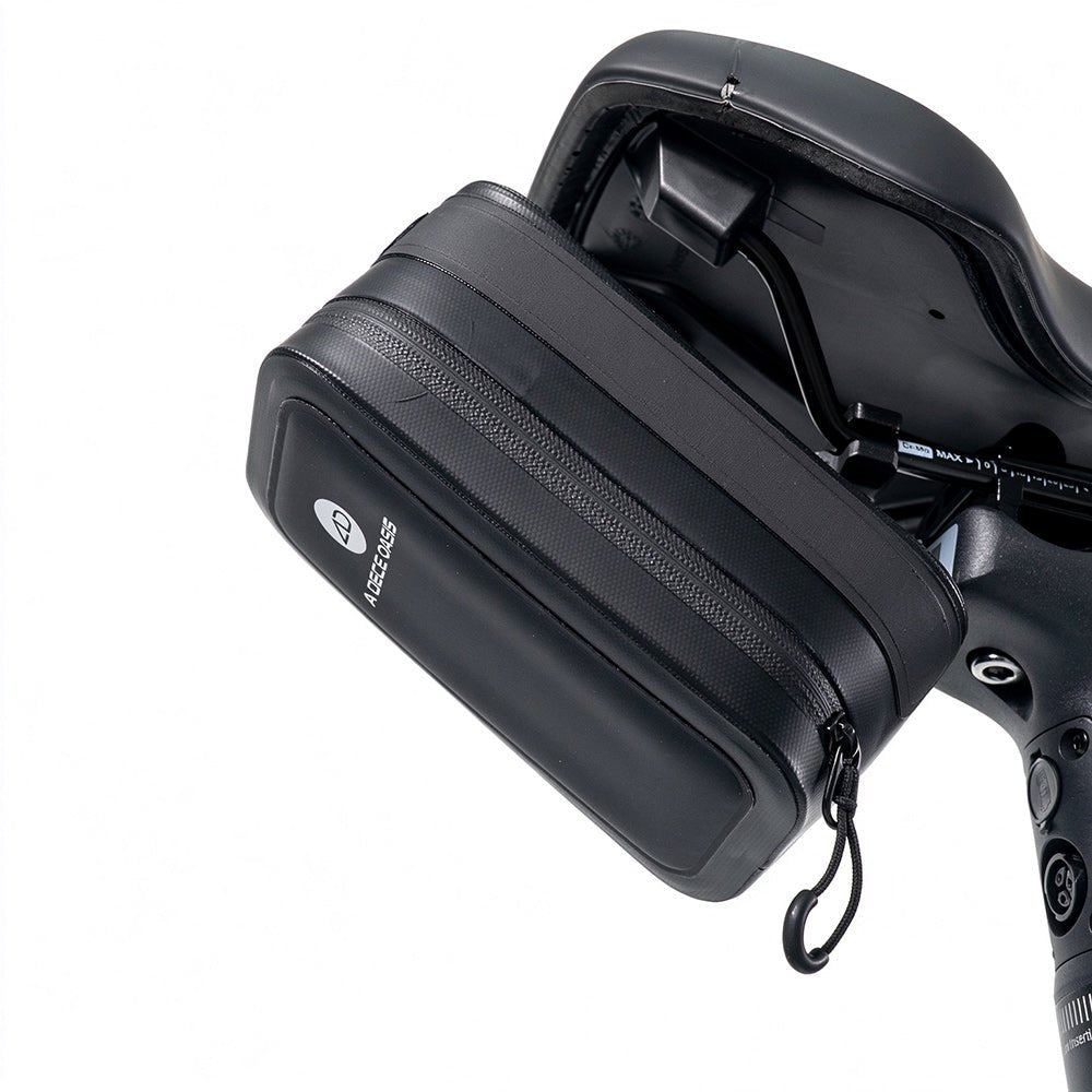 Side angle of the compact ADO CB11 bike saddle bag highlighting its smooth zipper, aerodynamic shape, and secure attachment under the bicycle saddle.