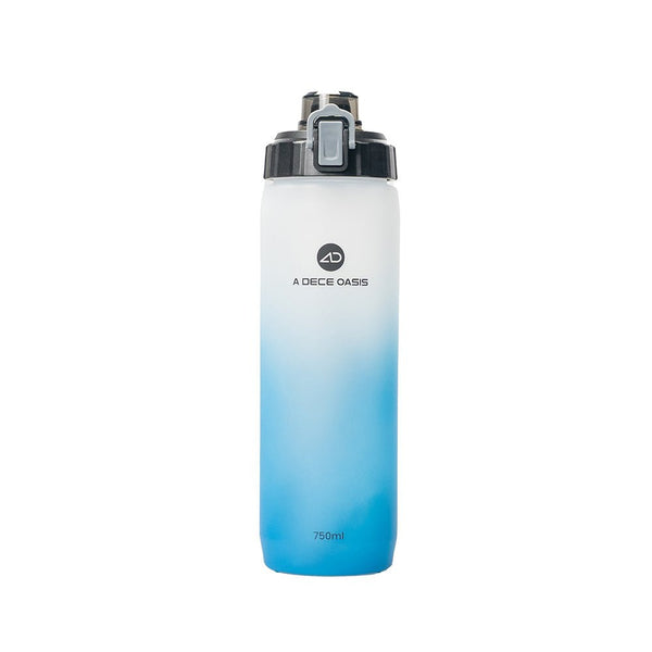 Front view of the ADO CC02 sports water bottle featuring a sleek blue and white gradient design, a secure flip-top lid, and a clear 750ml capacity mark.