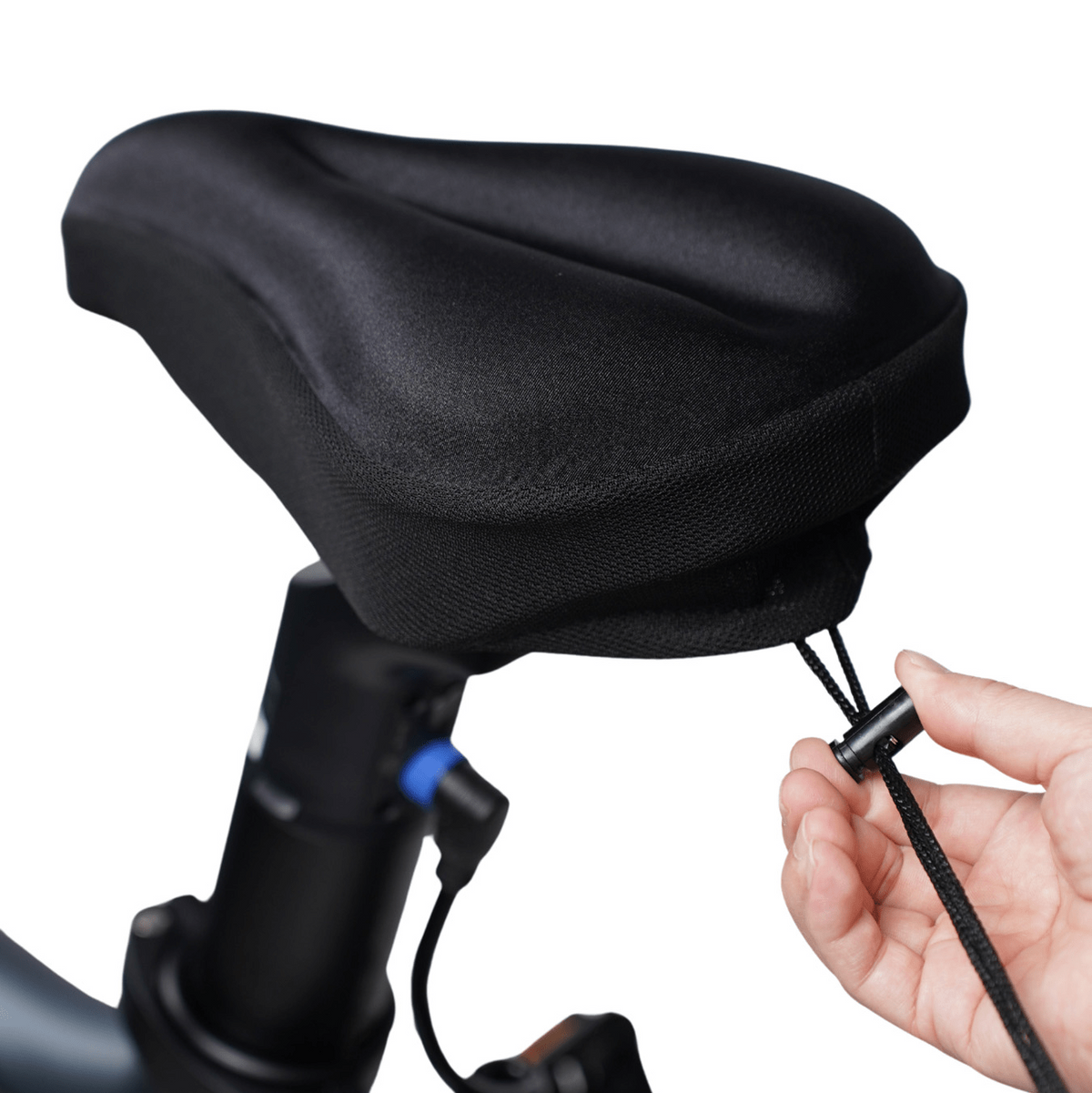 Close-up of ADO saddle cover fitted on a bike seat