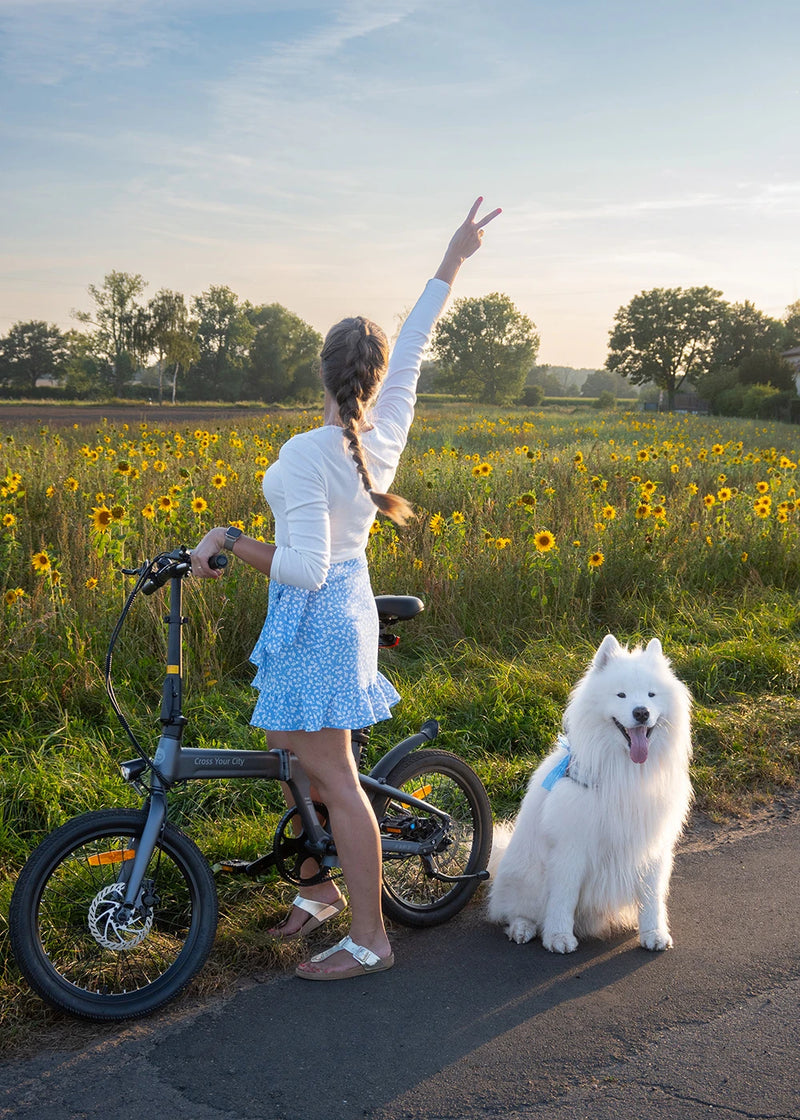 Woman with a folding ebike and a Samoyed dog beside a sunflower field.