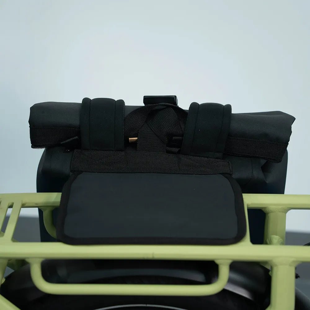 Close-up of the rear rack backpack mounting system