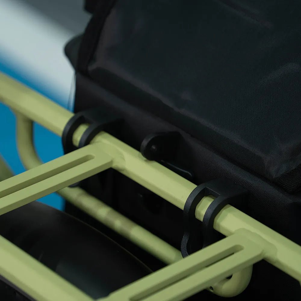 Close-up of the ADO pannier bag mounted on a rear rack